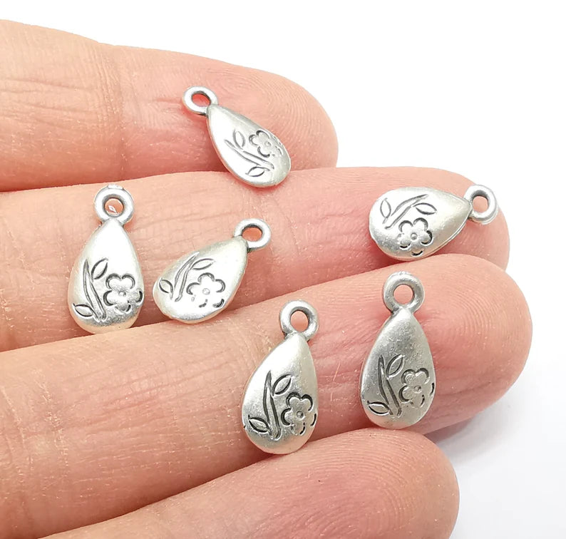 10 Flower Drop Charms, Leaf Flower Charms, Dangle Charm, Bracelet Component, Earring Charm, Necklace Parts, Antique Silver Plated 14x7mm G35102