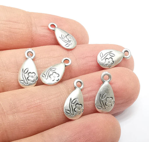 10 Flower Drop Charms, Leaf Flower Charms, Dangle Charm, Bracelet Component, Earring Charm, Necklace Parts, Antique Silver Plated 14x7mm G35102