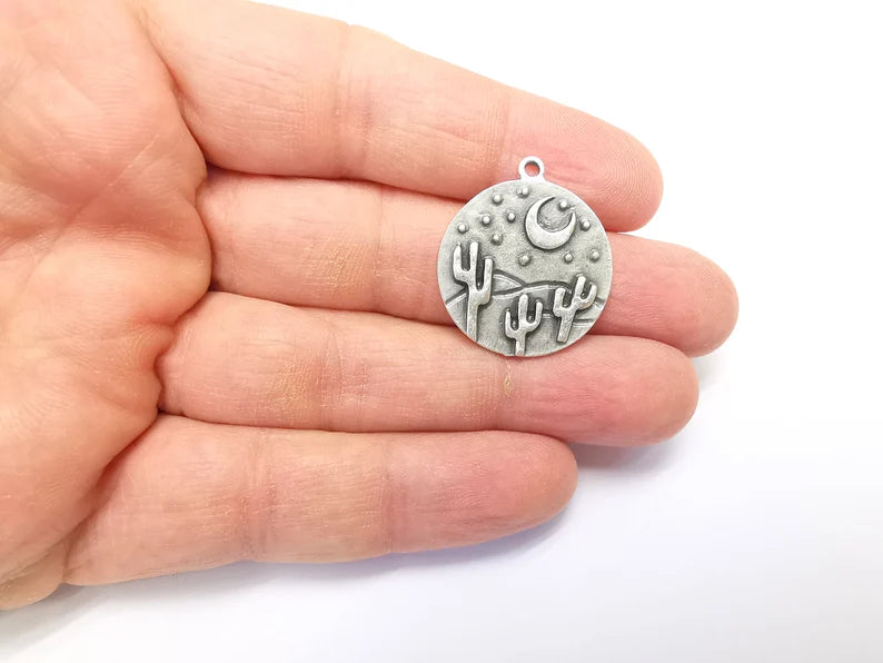 Desert Charms, Cactus Charm, Dune Charm, Desert Night Charms, Crescent Star Charms, Earring Parts, Antique Silver Plated 28x25mm G35107