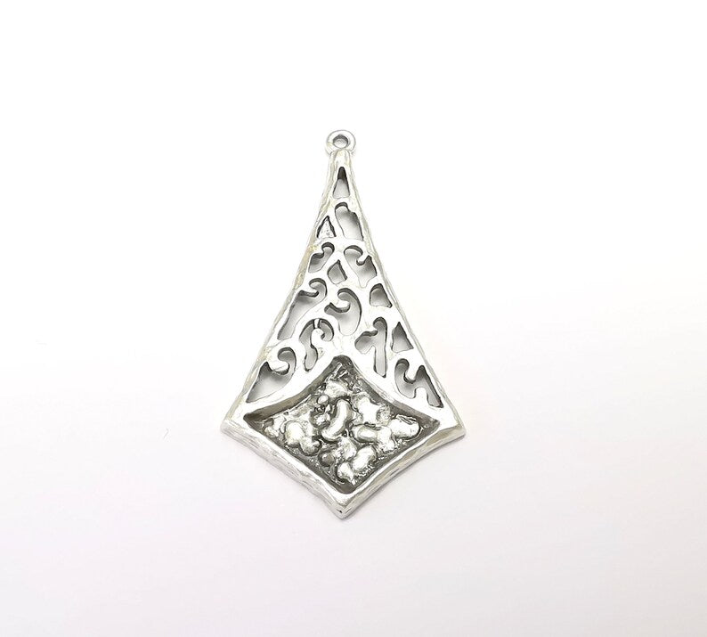 Silver Dangle Charms, Boho Charms, Stalactite Charms, Earring Charms, Silver Pendant, Necklace Parts, Antique Silver Plated 54x29mm G35086