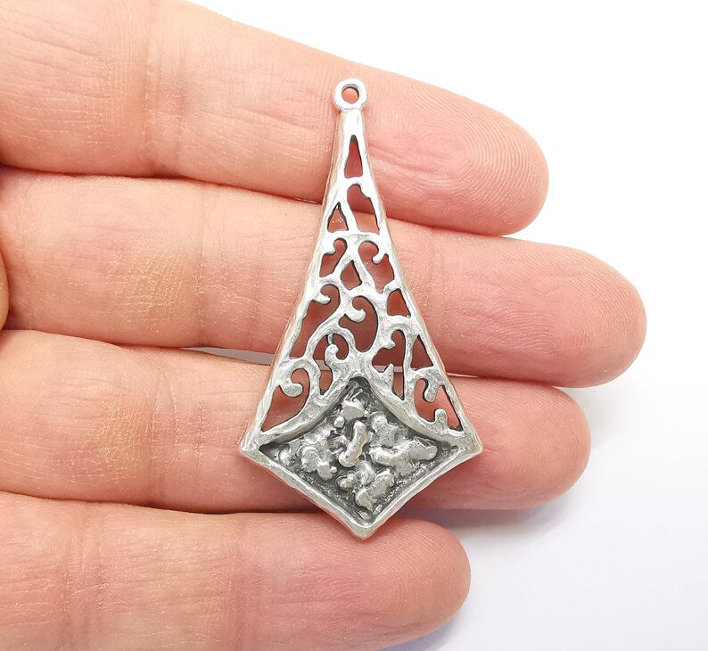 Silver Dangle Charms, Boho Charms, Stalactite Charms, Earring Charms, Silver Pendant, Necklace Parts, Antique Silver Plated 54x29mm G35086