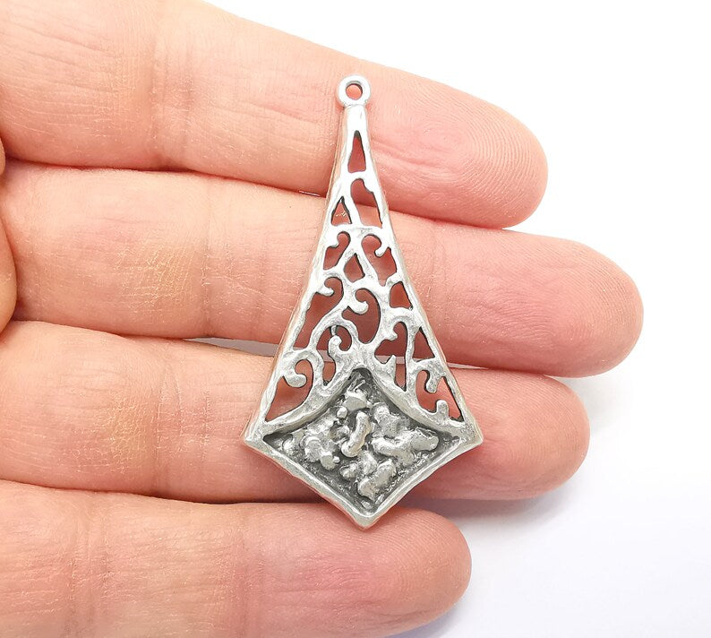 Silver Dangle Charms, Boho Charms, Stalactite Charms, Earring Charms, Silver Pendant, Necklace Parts, Antique Silver Plated 54x29mm G35086