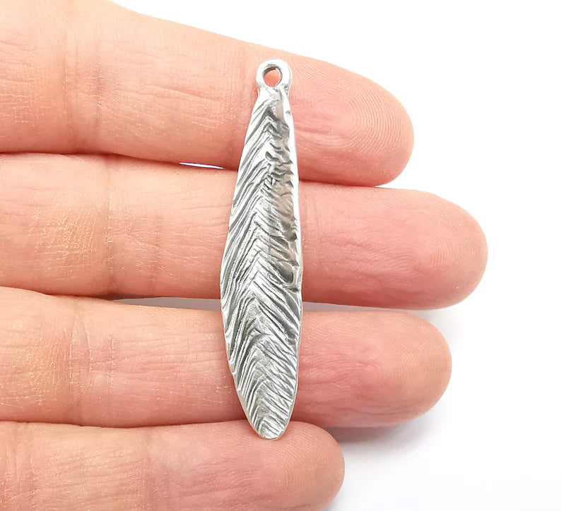 Feather Charms, Boho Charms, Leaf Charms, Dangle Earring Charms, Silver Pendant, Necklace Parts, Antique Silver Plated 51x10mm G35109