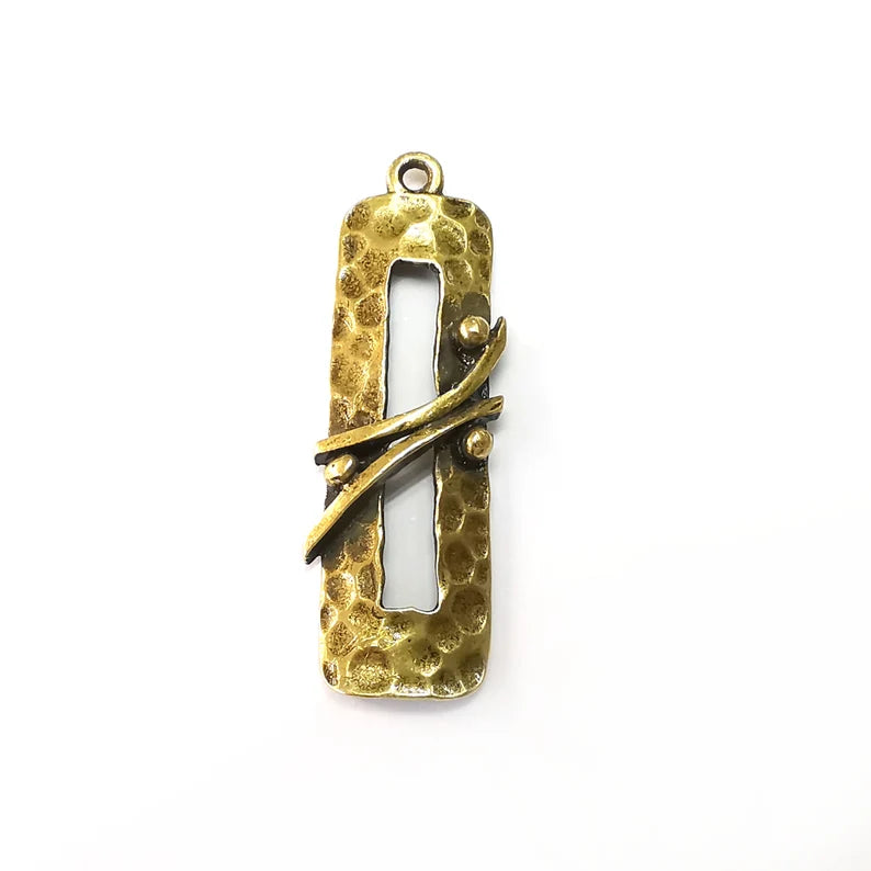 Hammered Charms, Rectangle Charms, Ethnic Earring Charms, Bronze Rustic Pendant, Necklace Parts, Antique Bronze Plated 47x15mm G35115