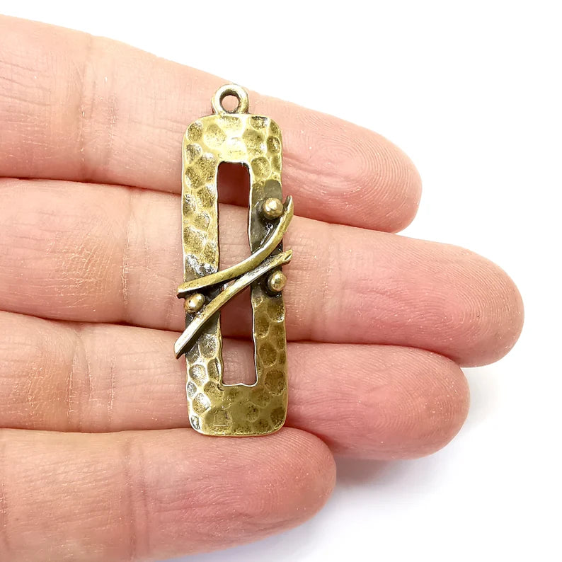 Hammered Charms, Rectangle Charms, Ethnic Earring Charms, Bronze Rustic Pendant, Necklace Parts, Antique Bronze Plated 47x15mm G35115