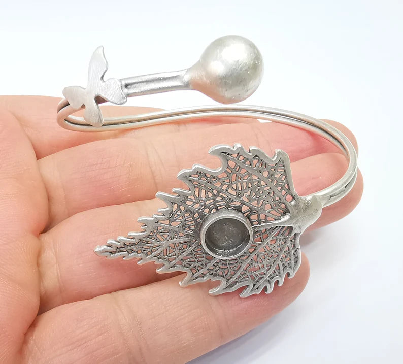Leaf Butterfly Wire Wrapped Bracelet, Bangle Bezel, Cuff Resin Blank, Wristband Cabochon Base, Adjustable Antique Silver Brass (8mm) G34887