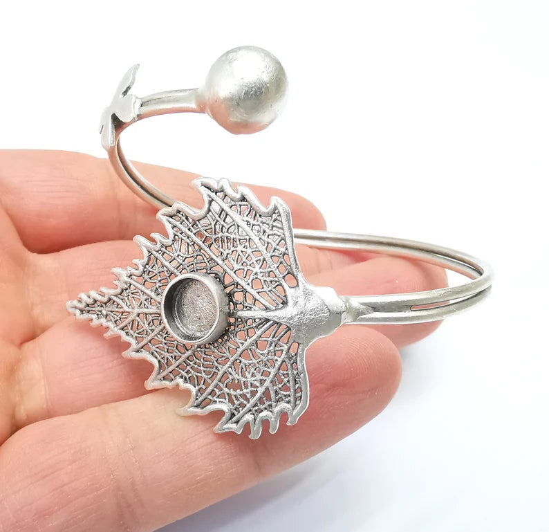 Leaf Butterfly Wire Wrapped Bracelet, Bangle Bezel, Cuff Resin Blank, Wristband Cabochon Base, Adjustable Antique Silver Brass (8mm) G34887