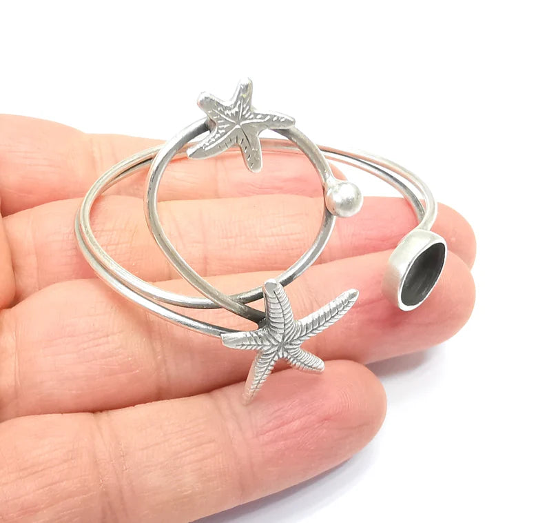 Starfish Wire Wrapped Bracelet, Bangle Bezel, Cuff Resin Blank, Wristband Cabochon Base, Adjustable Antique Silver Brass (10mm) G34888