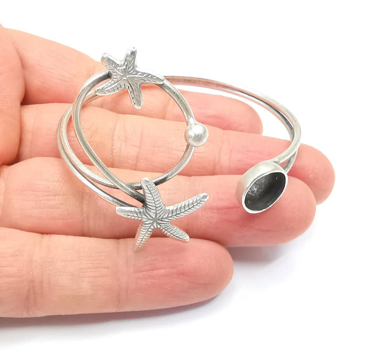 Starfish Wire Wrapped Bracelet, Bangle Bezel, Cuff Resin Blank, Wristband Cabochon Base, Adjustable Antique Silver Brass (10mm) G34888