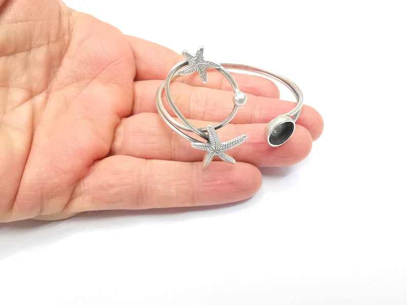 Starfish Wire Wrapped Bracelet, Bangle Bezel, Cuff Resin Blank, Wristband Cabochon Base, Adjustable Antique Silver Brass (10mm) G34888