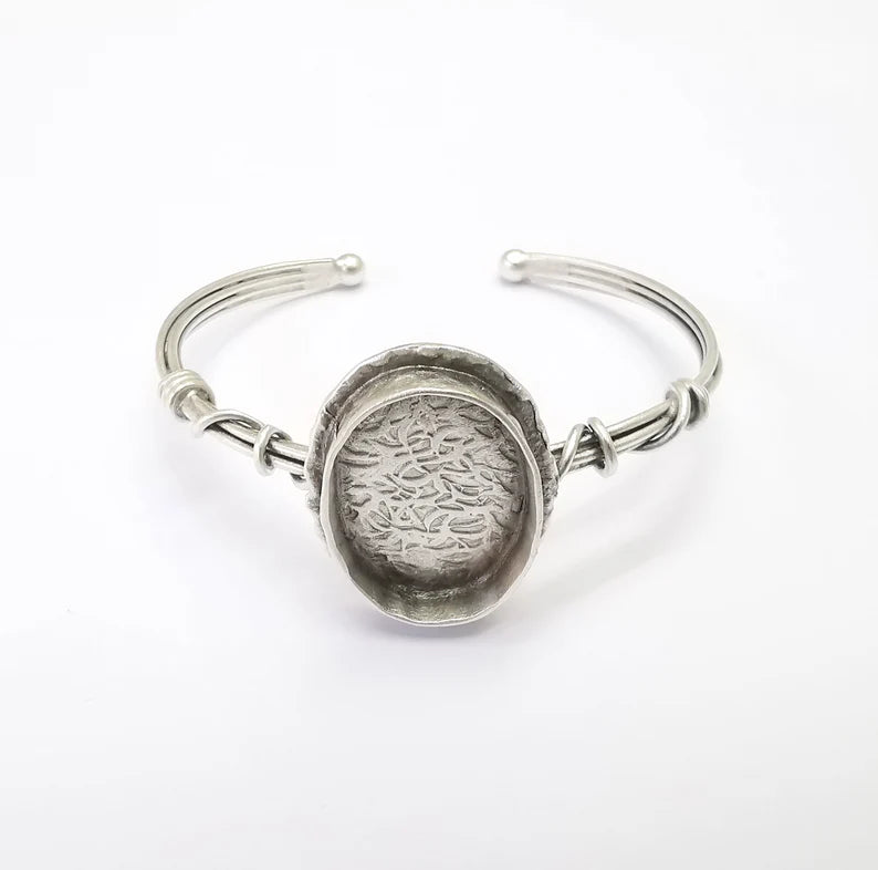 Wire Wrapped Bracelet Bezel, Wrap Cuff Resin Blank, Wristband Base, Cabochon Mounting, Adjustable Antique Silver Plated Brass 25x18mm G34890
