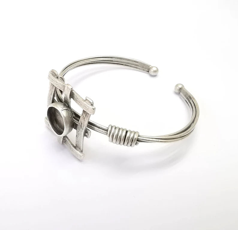 Wire Wrapped Bracelet Bezel, Wrap Cuff Resin Blank, Wristband Base, Cabochon Mountings, Adjustable Antique Silver Plated Brass (10mm) G34891
