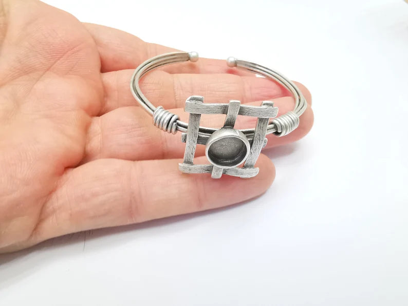 Wire Wrapped Bracelet Bezel, Wrap Cuff Resin Blank, Wristband Base, Cabochon Mountings, Adjustable Antique Silver Plated Brass (10mm) G34891