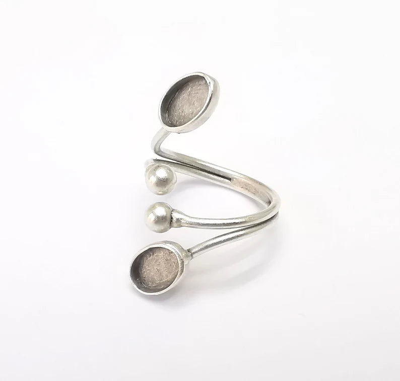 Wrap Ring Setting, Cabochon Blank, Resin Bezel, inlay Mounting, Epoxy Base, Ring Frame, Adjustable Antique Silver Plated Brass 8x6mm G34892