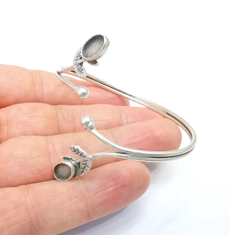 Wire Leaf Bracelet Bezel, Wrap Cuff Frame, Resin Blank, Wristband Cabochon Base, Adjustable Antique Silver Plated Brass 8x6mm G34898