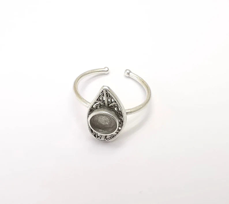 Leaf Ring Setting, Cabochon Blank, Resin Bezel, inlay Mounting, Epoxy Base, Ring Frame, Adjustable Antique Silver Plated Brass 6mm G34899