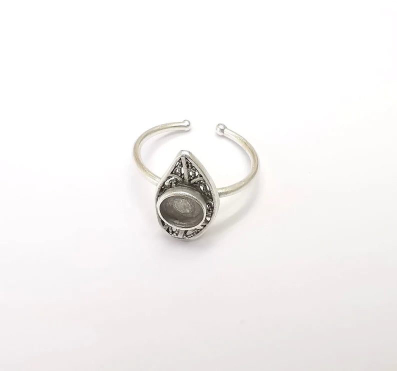 Leaf Ring Setting, Cabochon Blank, Resin Bezel, inlay Mounting, Epoxy Base, Ring Frame, Adjustable Antique Silver Plated Brass 6mm G34899