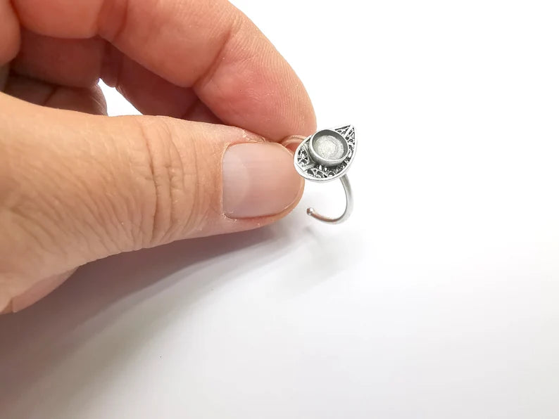 Leaf Ring Setting, Cabochon Blank, Resin Bezel, inlay Mounting, Epoxy Base, Ring Frame, Adjustable Antique Silver Plated Brass 6mm G34899