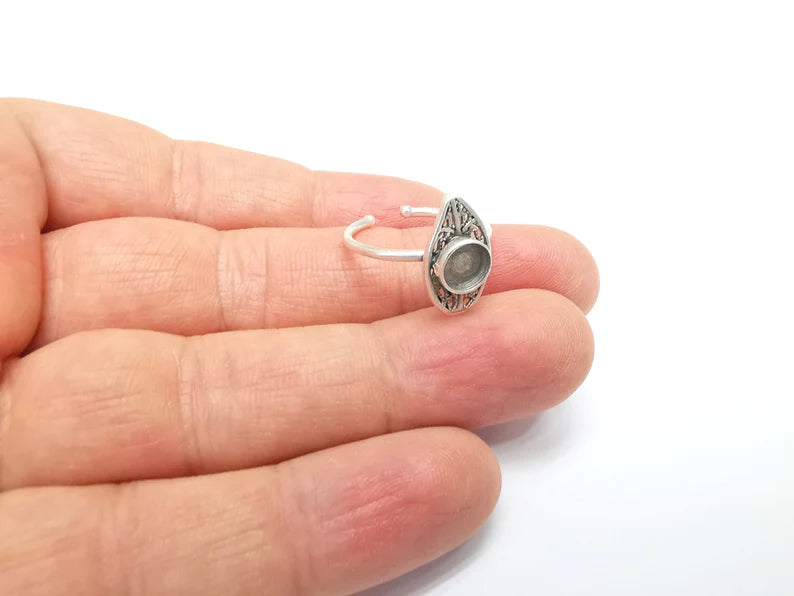 Leaf Ring Setting, Cabochon Blank, Resin Bezel, inlay Mounting, Epoxy Base, Ring Frame, Adjustable Antique Silver Plated Brass 6mm G34899