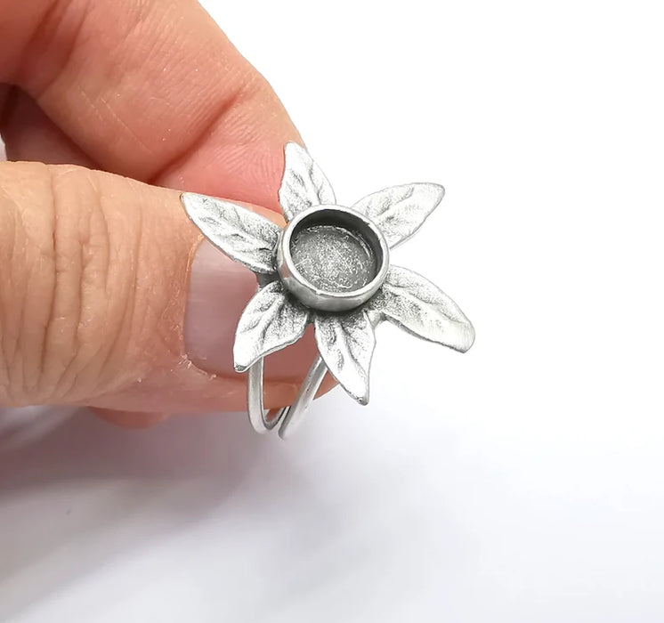 Leaf Ring Setting, Cabochon Blank, Resin Bezel, inlay Mounting, Epoxy Base, Ring Frame, Adjustable Antique Silver Plated Brass 8mm G34900