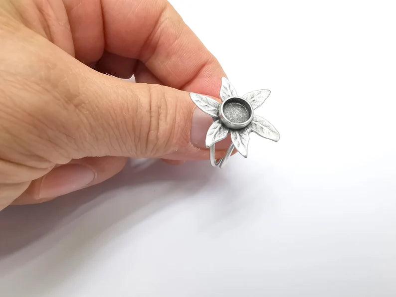 Leaf Ring Setting, Cabochon Blank, Resin Bezel, inlay Mounting, Epoxy Base, Ring Frame, Adjustable Antique Silver Plated Brass 8mm G34900