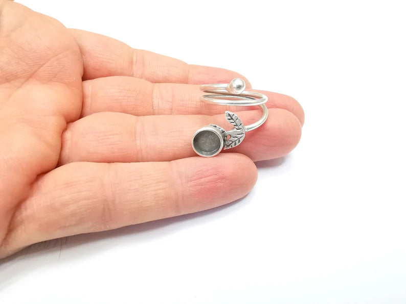 Wrap Leaf Ring Setting, Cabochon Blank, Resin Bezel, inlay Mounting, Epoxy Frame Base, Adjustable Antique Silver Plated Brass 8mm G34902