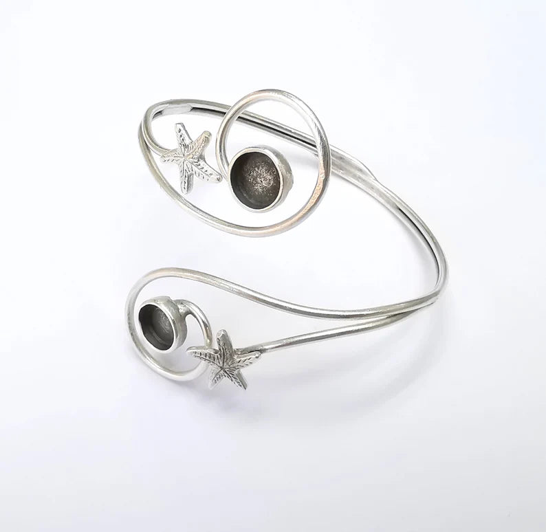 Starfish Wire Wrapped Bracelet, Bangle Bezel, Cuff Resin Blank, Wristband Cabochon Base, Adjustable Antique Silver Brass (8mm) G34903