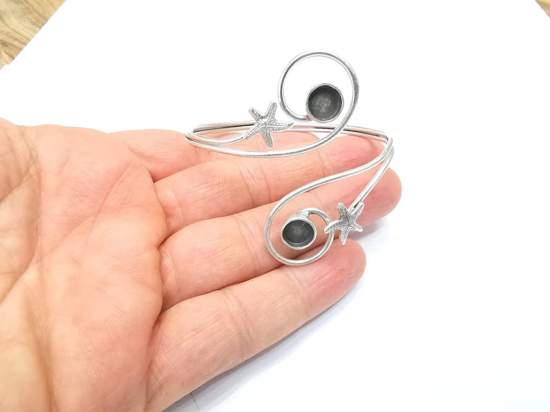 Starfish Wire Wrapped Bracelet, Bangle Bezel, Cuff Resin Blank, Wristband Cabochon Base, Adjustable Antique Silver Brass (8mm) G34903