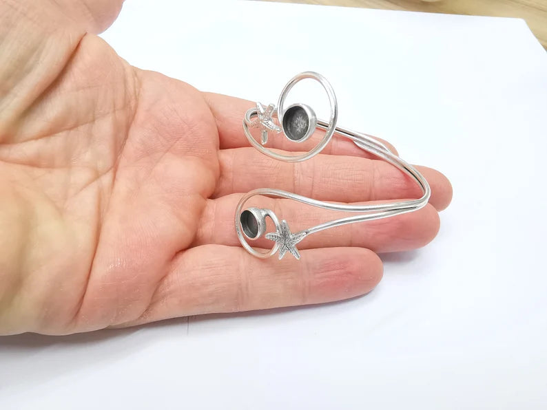 Starfish Wire Wrapped Bracelet, Bangle Bezel, Cuff Resin Blank, Wristband Cabochon Base, Adjustable Antique Silver Brass (8mm) G34903