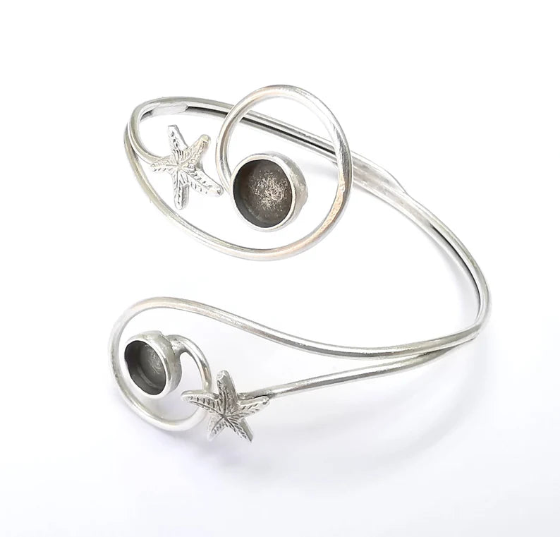 Starfish Wire Wrapped Bracelet, Bangle Bezel, Cuff Resin Blank, Wristband Cabochon Base, Adjustable Antique Silver Brass (8mm) G34903