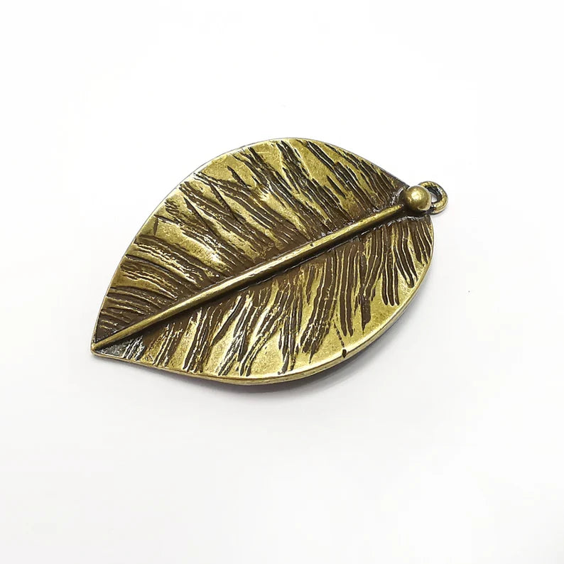 Leaf Charms, Long Leaf, Veined Leaf, Nature, Dewdrop Antique Bronze Plated (48x28mm) G34910