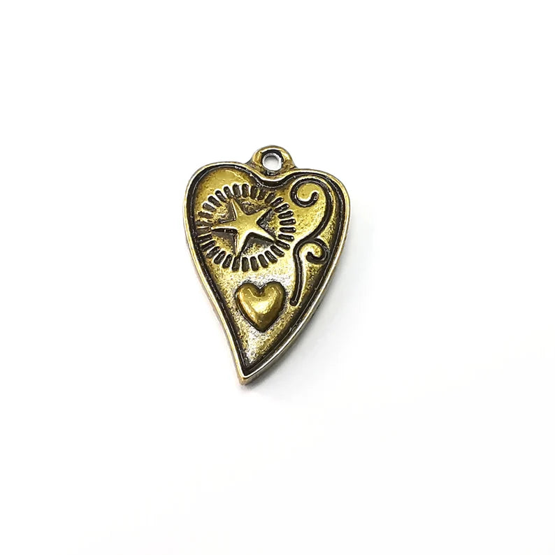 Heart Charms, Heart Star Charms, Ethnic Earring Charms, Bronze Rustic Pendant, Necklace Parts, Antique Bronze Plated 24x15mm G35122