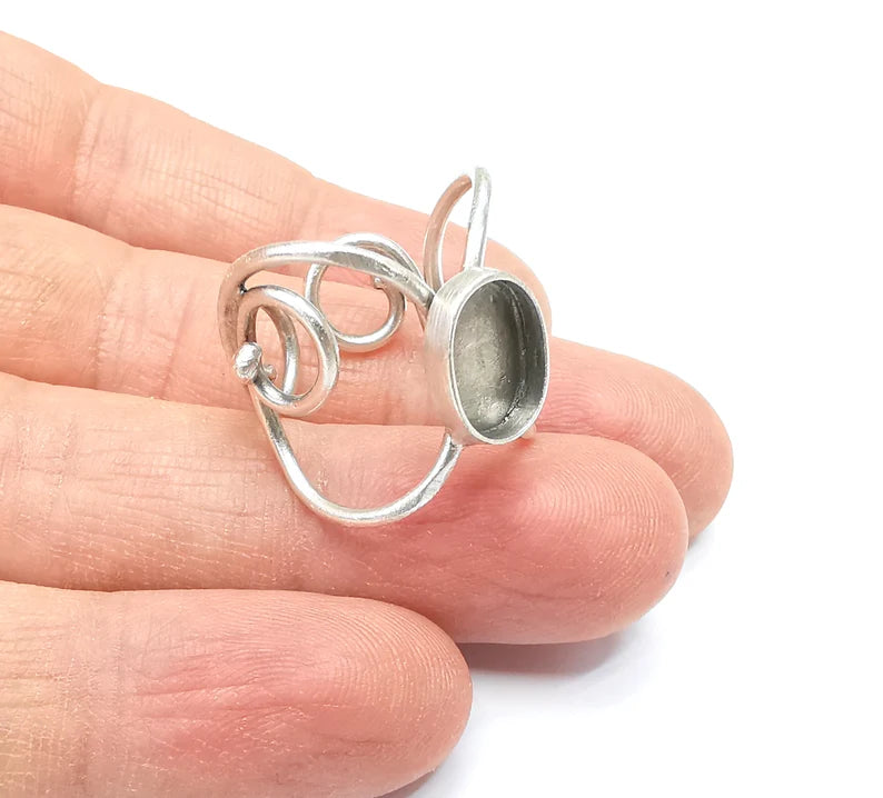 Wrap Ring Setting, Cabochon Blank, Resin Bezel, inlay Mounting, Epoxy Base, Ring Frame, Adjustable Antique Silver Plated Brass 11x8mm G34911