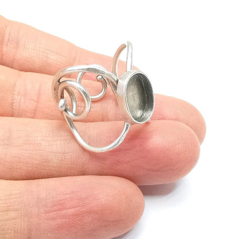 Wrap Ring Setting, Cabochon Blank, Resin Bezel, inlay Mounting, Epoxy Base, Ring Frame, Adjustable Antique Silver Plated Brass 11x8mm G34911