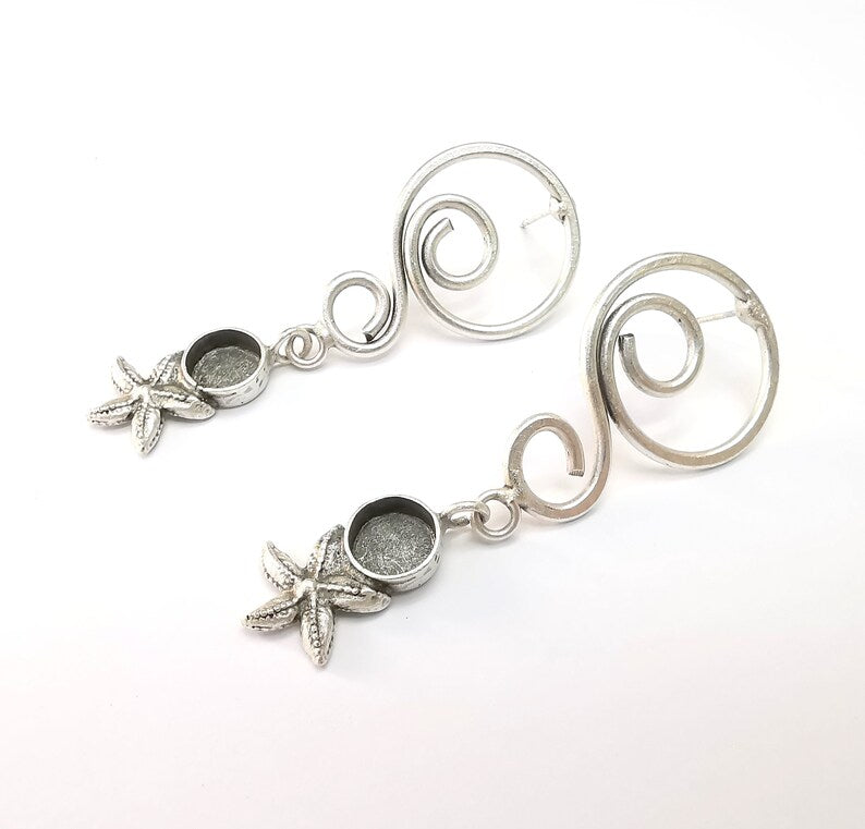 Starfish Earring, Dangle Earring Blank, Ear Base, Wire Earring, Earring Bezel, Mountings, Antique Silver Plated Brass (8mm blanks) G34914