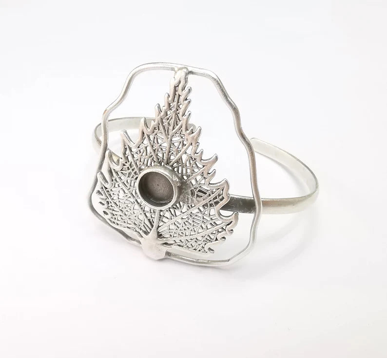 Leaf Bracelet Blank, Wire Wrapped Cuff, Bangle Bezel, Resin Blank, Wristband Cabochon Base, Adjustable Antique Silver Brass (8mm) G34920