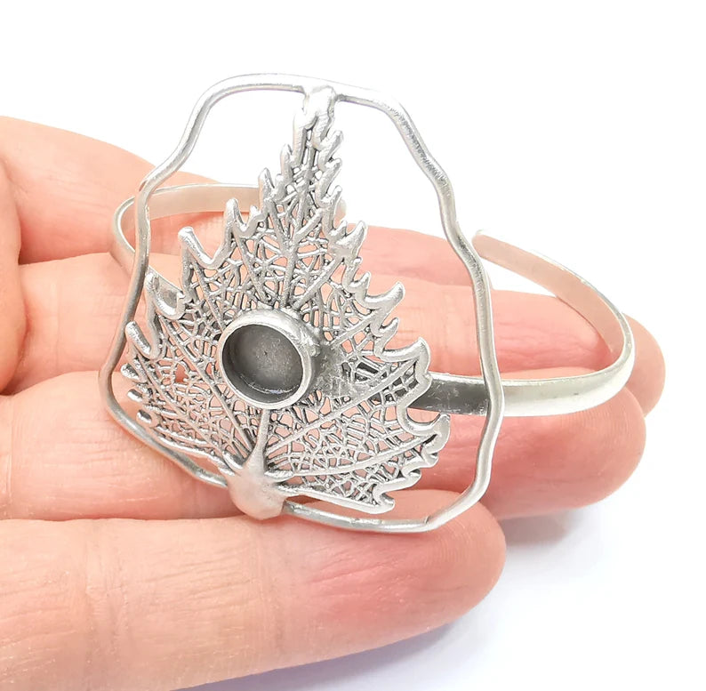 Leaf Bracelet Blank, Wire Wrapped Cuff, Bangle Bezel, Resin Blank, Wristband Cabochon Base, Adjustable Antique Silver Brass (8mm) G34920