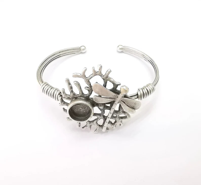 Dragonfly Bracelet, Wire Wrapped Cuff, Bangle Bezel, Resin Blank, Wristband Cabochon Base, Adjustable Antique Silver Brass (10mm) G34921