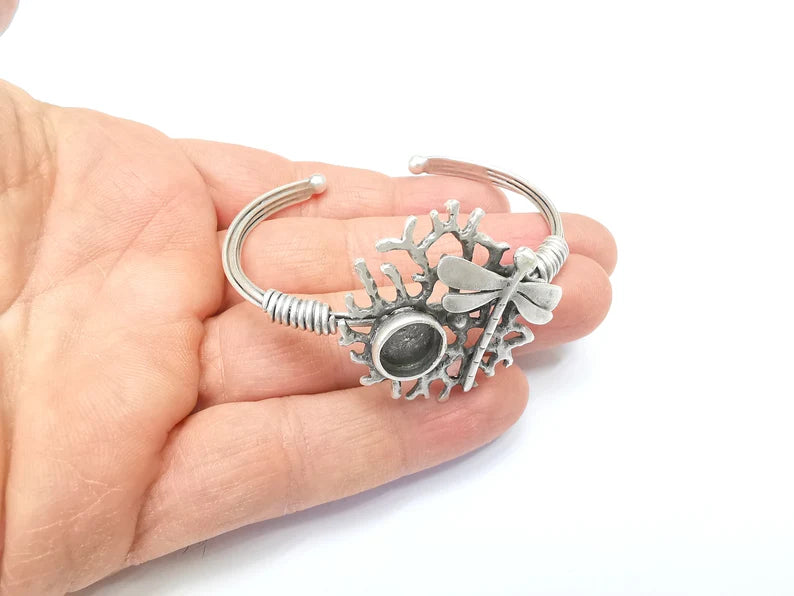 Dragonfly Bracelet, Wire Wrapped Cuff, Bangle Bezel, Resin Blank, Wristband Cabochon Base, Adjustable Antique Silver Brass (10mm) G34921