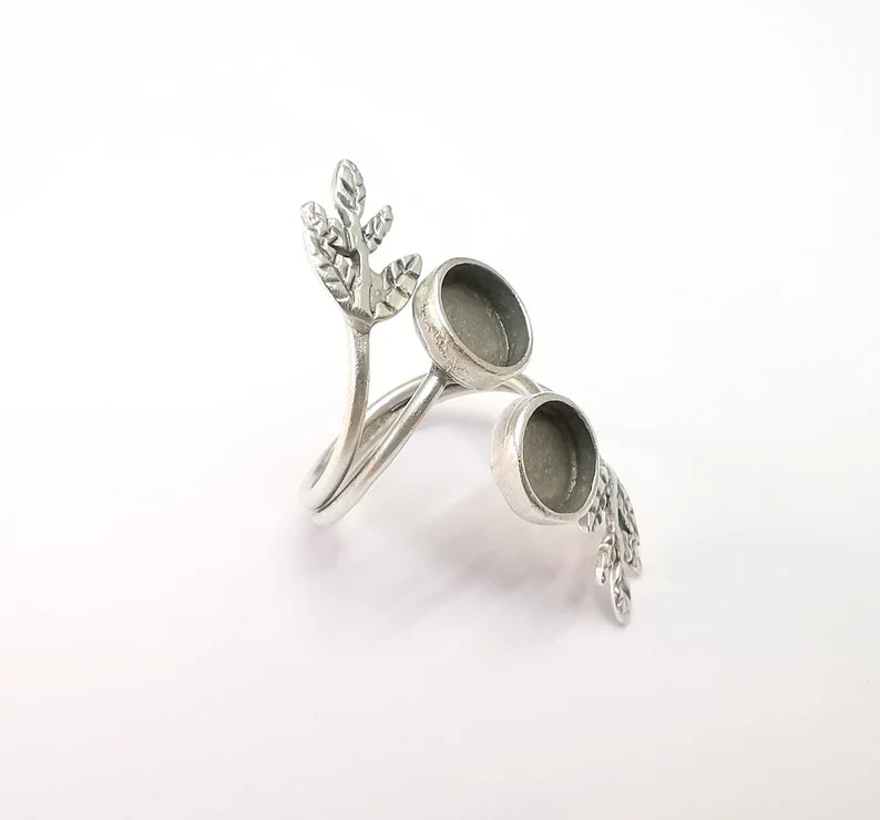 Wrap Leaf Ring Setting, Cabochon Blank, Resin Bezel, inlay Mounting, Epoxy Frame Base, Adjustable Antique Silver Plated Brass 8mm G34924