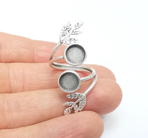 Wrap Leaf Ring Setting, Cabochon Blank, Resin Bezel, inlay Mounting, Epoxy Frame Base, Adjustable Antique Silver Plated Brass 8mm G34924
