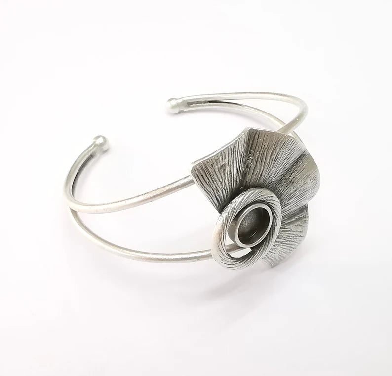 Silver Bracelet Blank, Wire Wrapped Cuff, Bangle Bezel, Resin Blank, Wristband Cabochon Base, Adjustable Antique Silver Brass (8mm) G34936