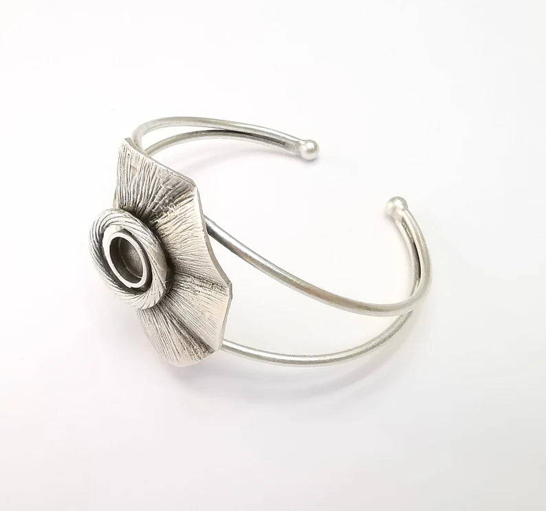 Silver Bracelet Blank, Wire Wrapped Cuff, Bangle Bezel, Resin Blank, Wristband Cabochon Base, Adjustable Antique Silver Brass (8mm) G34936