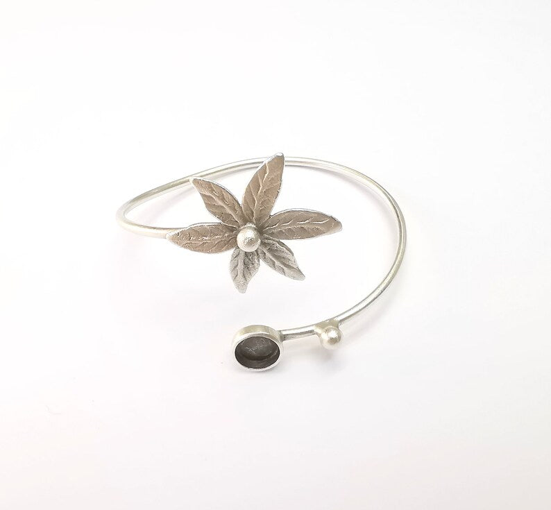 Leaf Bracelet Blank, Wire Wrapped Cuff, Bangle Bezel, Resin Blank, Wristband Cabochon Base, Adjustable Antique Silver Brass (8mm) G34939