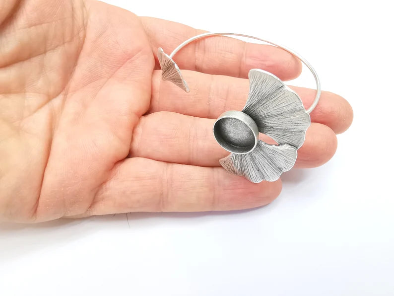 Leaf Bracelet Blank, Wire Wrapped Cuff, Bangle Bezel, Resin Blank, Wristband Cabochon Base, Adjustable Antique Silver Brass (14mm) G34942
