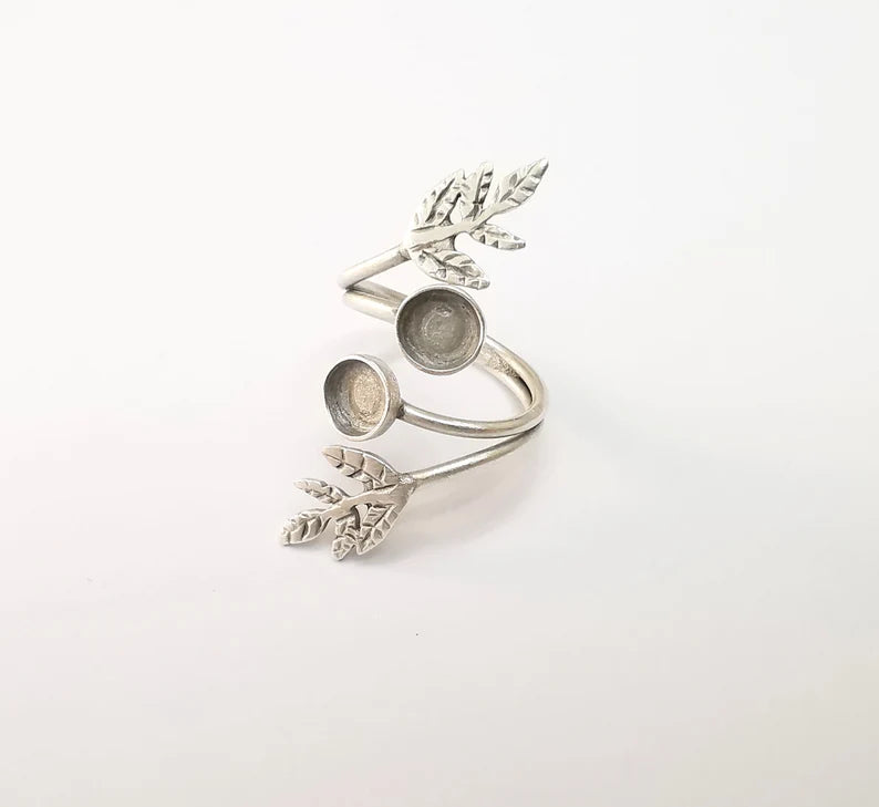 Wrap Leaf Ring Setting, Cabochon Blank, Resin Bezel, inlay Mounting, Epoxy Frame Base, Adjustable Antique Silver Plated Brass 6mm G34944