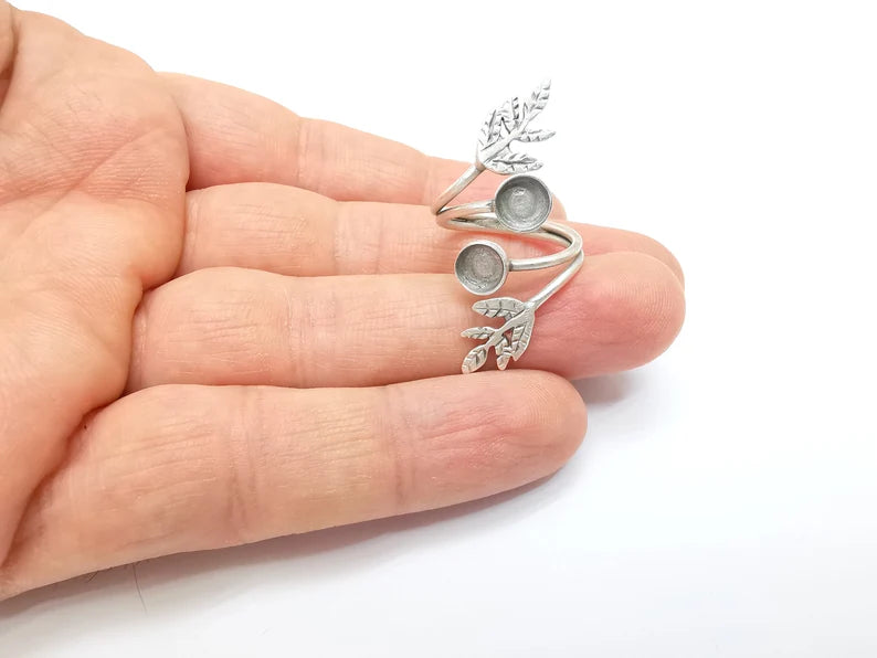 Wrap Leaf Ring Setting, Cabochon Blank, Resin Bezel, inlay Mounting, Epoxy Frame Base, Adjustable Antique Silver Plated Brass 6mm G34944