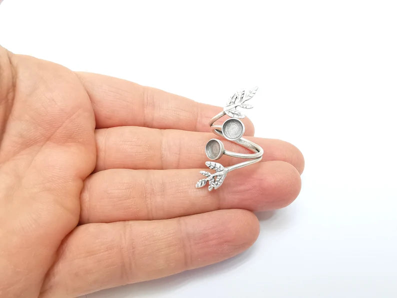 Wrap Leaf Ring Setting, Cabochon Blank, Resin Bezel, inlay Mounting, Epoxy Frame Base, Adjustable Antique Silver Plated Brass 6mm G34944