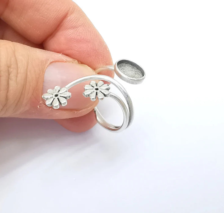 Flower Wrap Ring Setting, Cabochon Blank, Resin Bezel, inlay Mounting, Epoxy Frame Base, Adjustable Antique Silver Plated Brass 8x6mm G34946