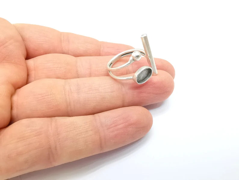 Rod and Ball Ring Setting, Cabochon Blank, Resin Bezel, inlay Mounting, Epoxy Frame, Adjustable Antique Silver Plated Brass 8x6mm G34947